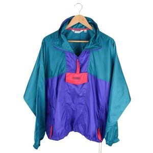 Vintage Columbia Anorak Pullover Jacket Colorblock Teal Purple Nylon Mens L
